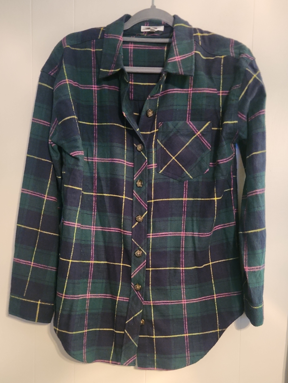 Maurices Green Plaid Shirt with Pink and Yellow Stripes